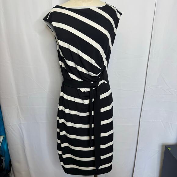 Ann Taylor Black White Striped Belted Sheath Dress Medium Work Cocktail - Picture 2 of 6